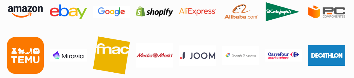 Marketplaces y tiendas compatibles: Amazon, eBay, Google, Shopify, AliExpress, Alibaba, El Corte Inglés, PC Componentes, Temu, Miravia, Fnac, MediaMarkt, Joom, Google Shopping, Carrefour, Decathlon